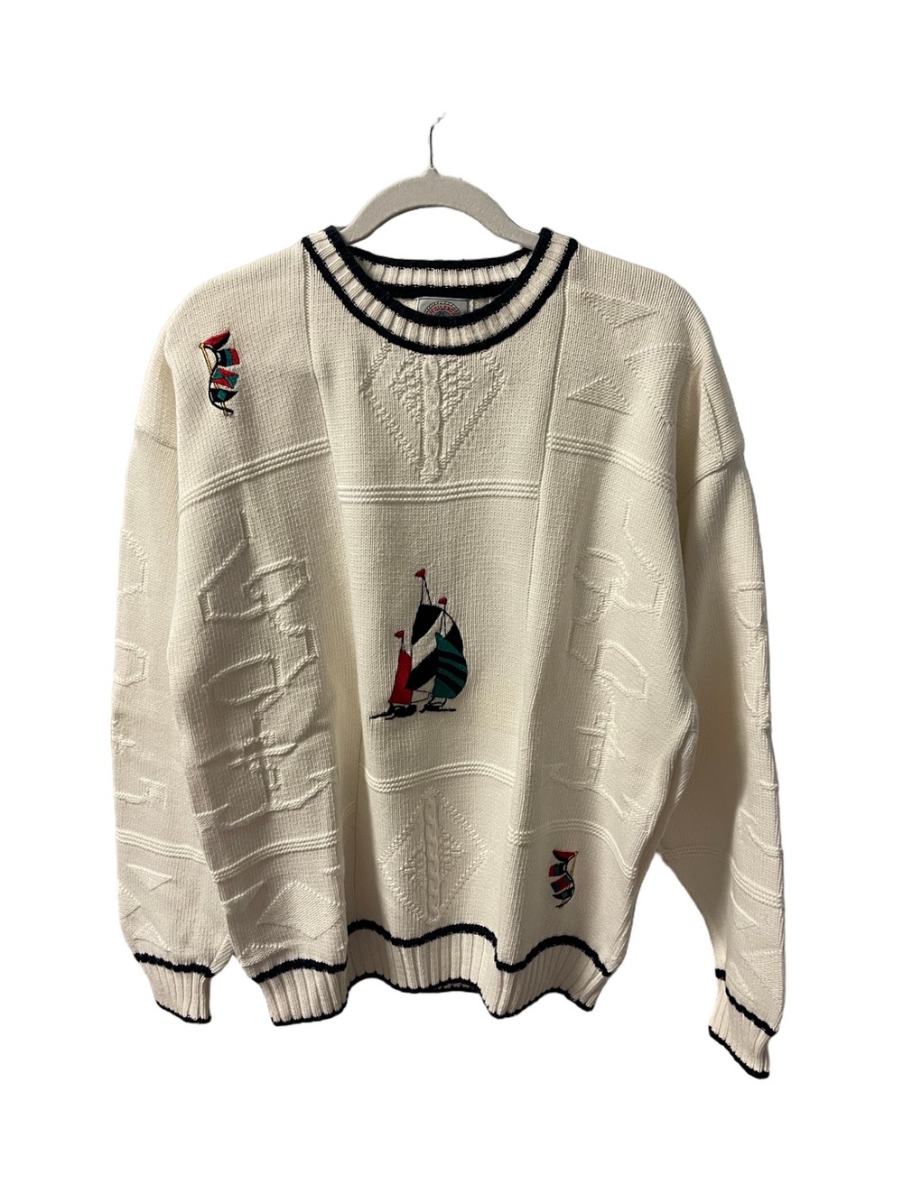 Vtg Cape Isle Knitters Men’s White Knit Cable Sweater Sailboat Embroidered Sz L